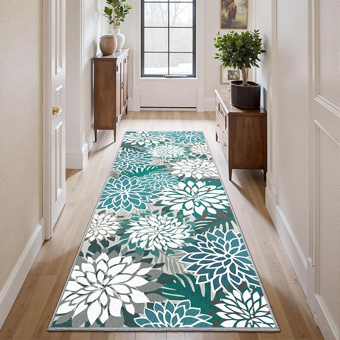 Colorful 2x6 Washable Runner Rug for Hallway Tropical Botanical Modern Floral Chenille Kitchen Rugs Low Pile Non Slip Carpet for Patio, Bedroom, Laundry, Teal