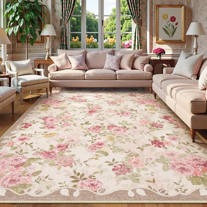 Lahome Floral Washable Rugs 9x12, Large Area Rugs for Living Room | Soft Non-Slip Thin Vintage Boho Bedroom Carpet for Dining Room Playroom Nursery Farmhouse, Nina Beige/Pink/Multi