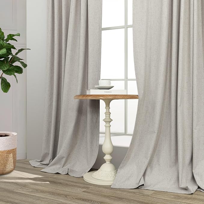 Blackout Linen Curtains 96 Inches Long for Living Room 2 Panel Set Black Out Light Blocking Back Tab Neutral Boho Farmhouse 96 Inch Curtain Drapes for Bedroom Window Earth Tone Stone Birch Taupe Tan
