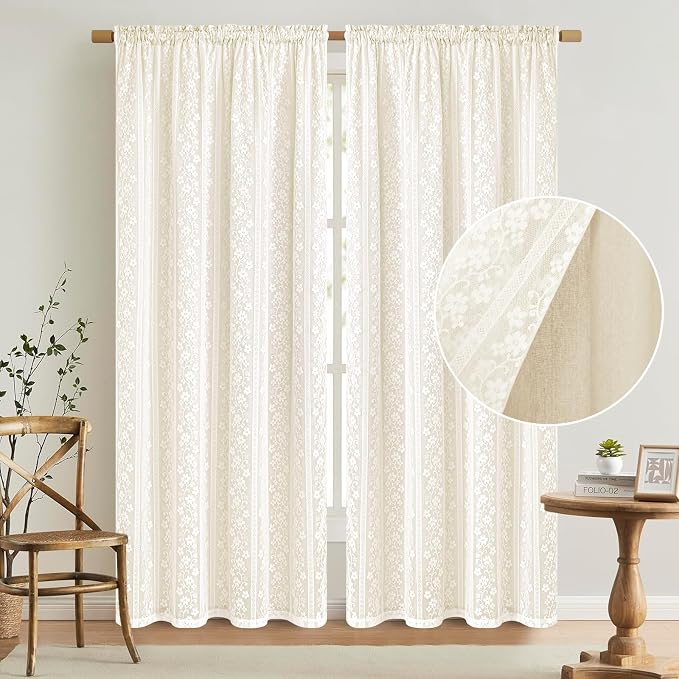 ASPMIZ Linen Curtains for Bedroom, Double Layered Boho Curtain for Living Room Farmhouse Curtain 84 Inch Length 2 Panels Set, Rustic Curtains & Drapes Rod Pocket with Tiebacks, 52 x 84 Inch, Beige