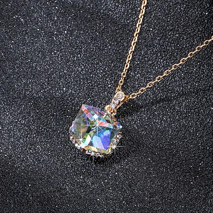 EVEVIC Color Changing Cubic Austrian Crystal Pendant Necklaces for Women 14K Gold Plated Hypoallergenic Jewelry
