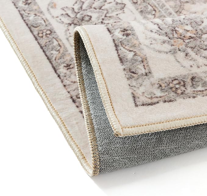 PureCozy 6x9 Area Rug Beige Washable Vintage Carpet Living Room Bedroom Large Non Slip Stain Soft Resistant Low Pile Thin Boho Accent Indoor Throw Rug for Dining Room Office