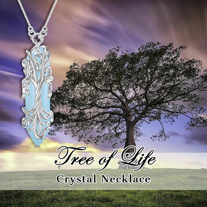 Healing Crystal Necklace 925 Sterling Silver Sunflower/Tree of Life Wrapped Pendant Reiki Energy Jewelry for Women