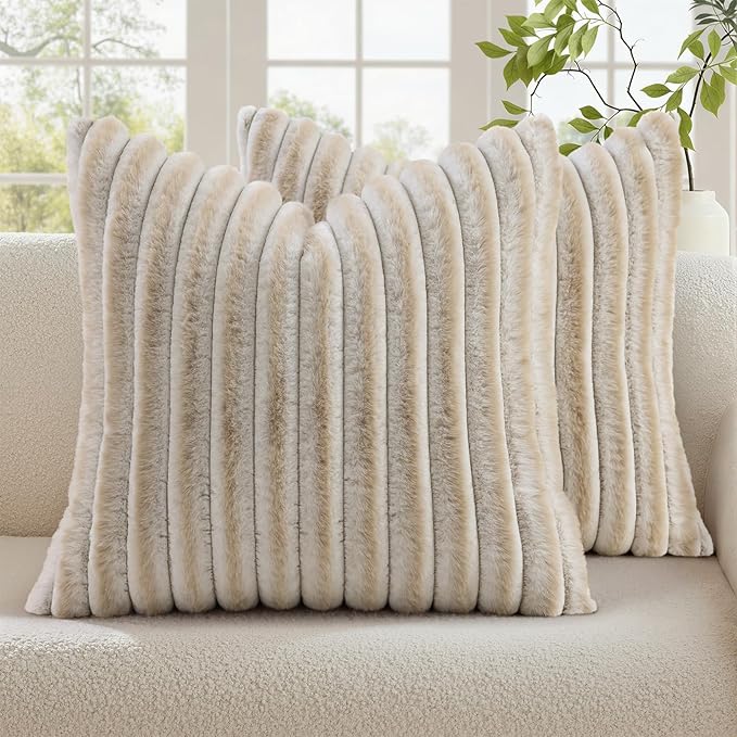 decorUhome Fall Faux Fur Throw Pillow Covers 26x26 Set of 2 Beige White | Decorative Soft Cozy Striped Plush Modern Farmhouse Boho Couch Pillow Cases Velvet Back for Sofa Bed Living Room Home Decor
