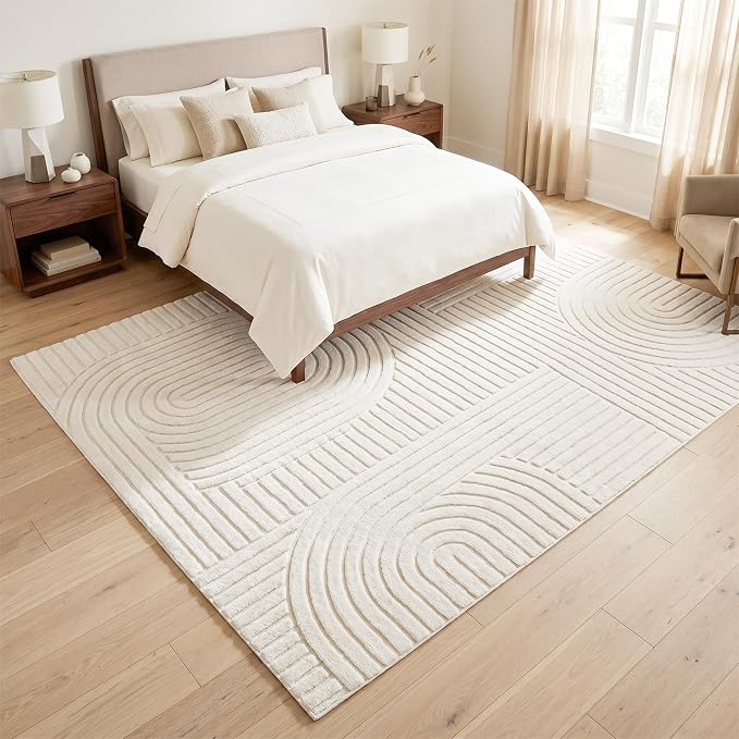 Washable Beige 8x10 Geometric Solid Area Rugs Living Room Bedroom | Ultra Soft Plush Modern Boho Carpet, High-Low Pile 3D textured Durable Non-Slip 8'x10' Rugs for Kids Room, Nursery, Apartment