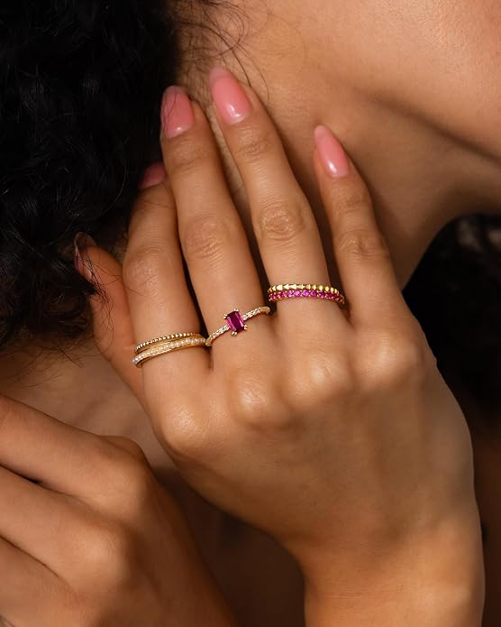 YeGieonr Birthstone Stackable Rings for Women Dainty Gold Rings with Baguette Cubic Zirconia, Non Tarnish Thin Band Ring, 14k Gold Plated Pinky Rings Jewelry Gift