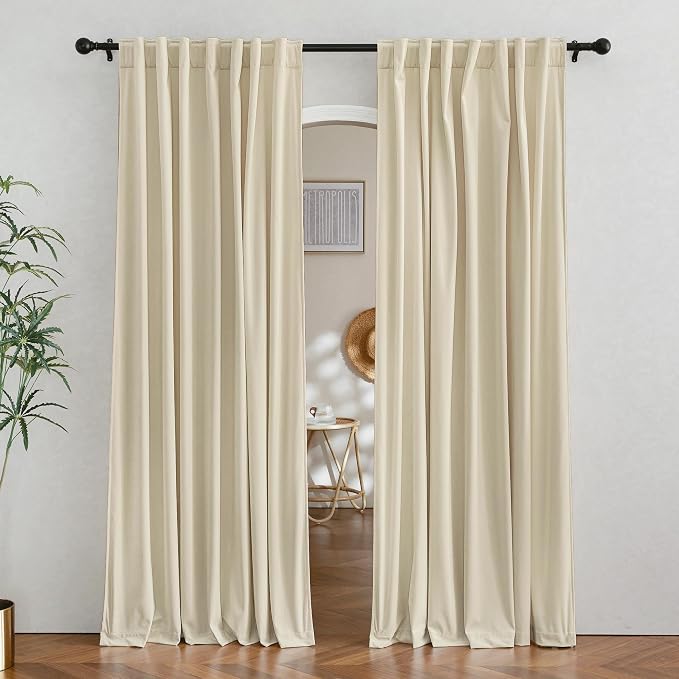 RYB HOME Beige Velvet Curtains for Bedroom Living Room, Thermal Insulated Privacy UV Heat Blocking Luxurious Soft Rod Pocket Back Tab Drapes for Nursery, 42" W x 63" L, 2 Panels