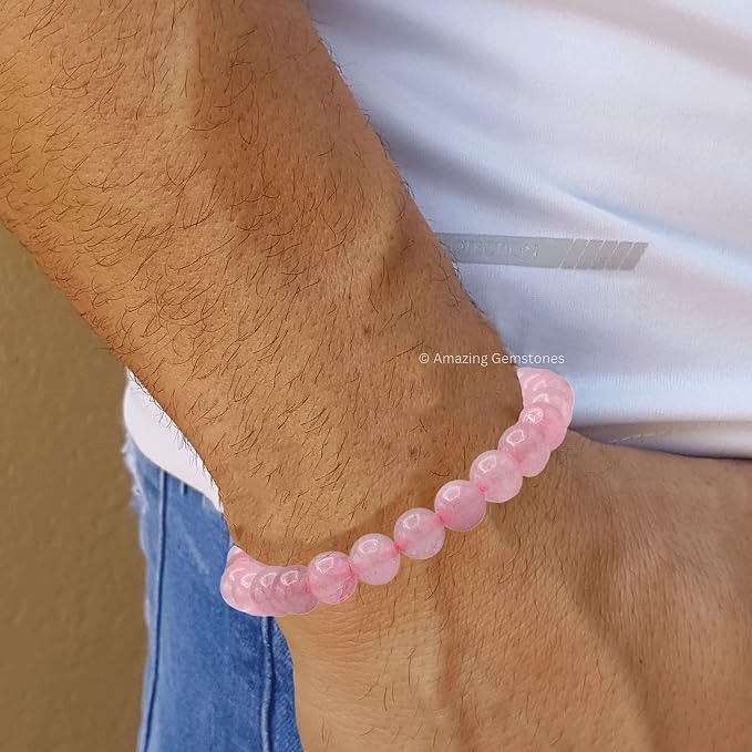 Amazing Gemstone Rose Quartz Bracelet, Gifts for Men & Women - Protection Healing Crystal Bracelet - 8mm Gemstone Beaded Adjustable Bracelet, Pulseras para Hombres Mujer Stocking Stuffers