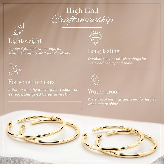 14K Gold-Plated, Lightweight, Open Hoop Earrings For Women