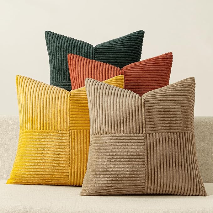 MIULEE Fall Green Rust Throw Pillow Covers 20x20 Inch Set of 4 Boho Farmhouse Soft Corduroy Striped Cushion Cases Decorative Color-Clash Home Decor for Couch Sofa Living Room Bed