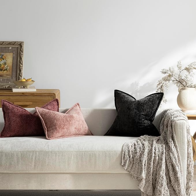 DEZENE Pack of 2 Black Euro Shams Pillow Covers 26x26 Cozy Soft Chenille Decorative Throw Pillow Covers Accent Vintage Square Couch Pillow Covers for Home Decor Bed Sofa Living Room