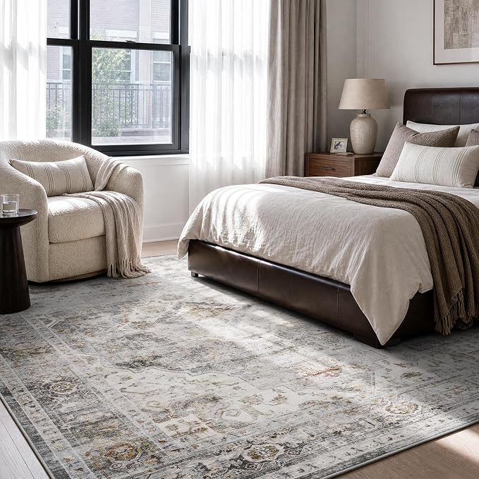 AMOAMI-Area Rug 6X9 Rugs for Living Room-Vintage Soft Grey Rugs for Bedroom-Non Slip Carpet-Machine Washable Rug for Dining Room Living Room Bedroom Office Under Table
