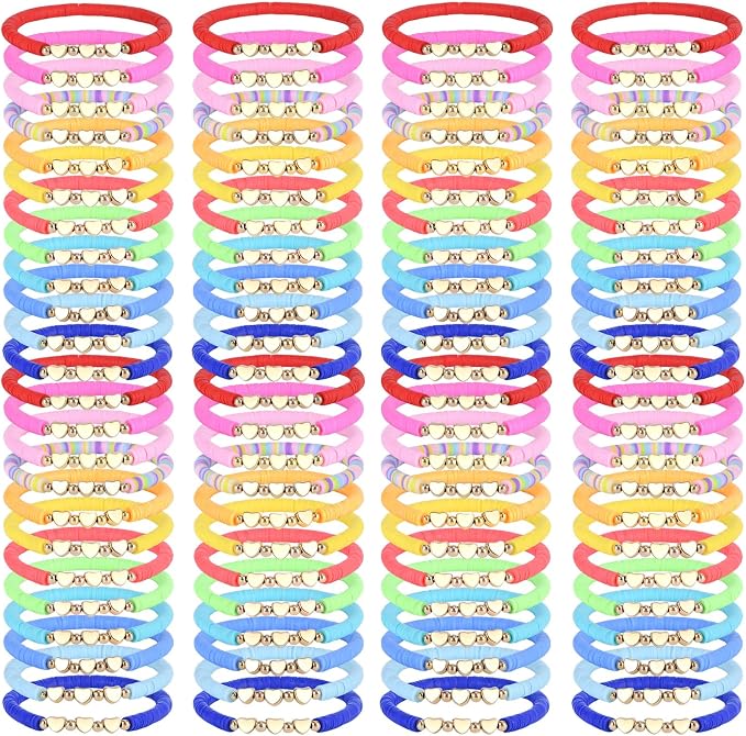 96 Pcs Colorful Friendship Heart Bracelets, Cute Clay Beads Bracelet Bulk Colorful Heart Friendship Surfer Bracelets for Women Stackable Bohemian Summer Beach Party, Valentine's Day, Birthday Gifts