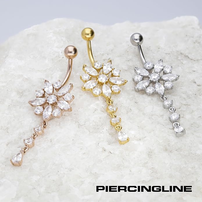 PIERCINGLINE surgical steel dangle belly button piercing with flower - belly button ring surgical steel, gold, silver, rosegold piercing - new version with improved durability