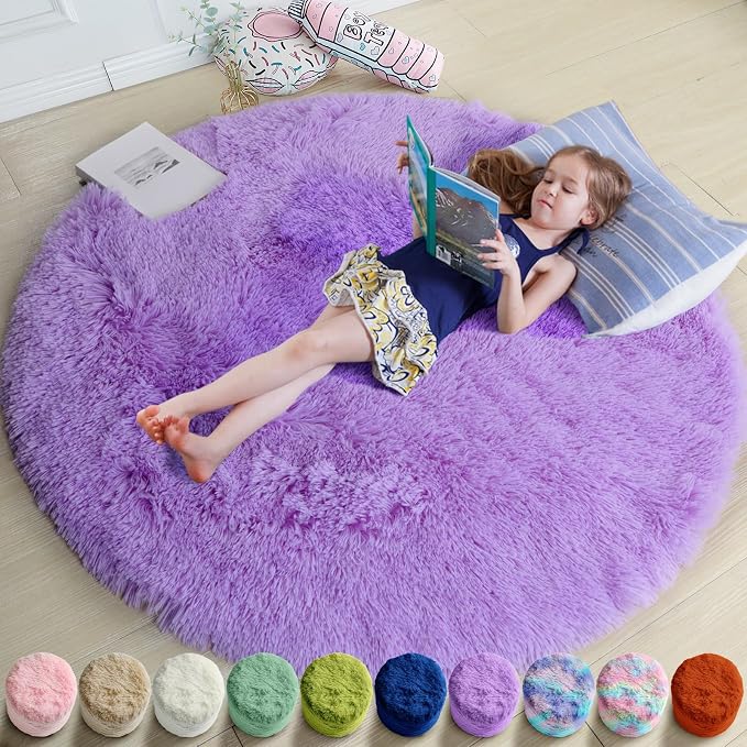 Amdrebio Purple Small Round Rug 3Ft for Girls Bedroom Decor Aesthetic, Fluffy Fuzzy Circle Area Rugs for Kids Room, Soft Cute Furry Plush Shaggy Throw Lavender Carpet for Playroom, Baby Nursery, Dorm