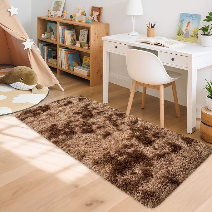 2x5 Feet Soft Fluffy Brown Runner Rug for Bedroom, Washable Plush Shag Carpet for Living Room, Hallway, Nursery, Dorm, Fuzzy Bedside Rug for Kids Girls Room, Home Decor
