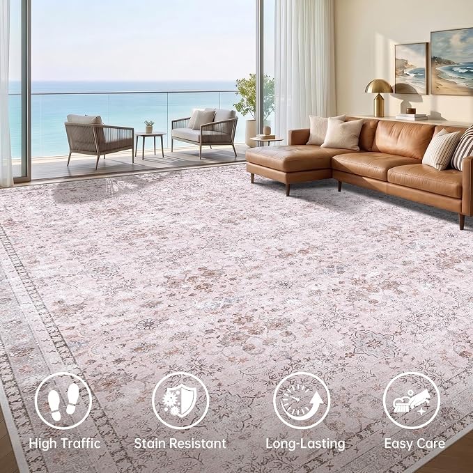 Sasttie 8x10 Area Rugs, Ultra-Soft Washable Rug, Low Pile Foldable Thin Carpets with Non-Slip Backing, Skin-Friendly Stain Resistant Carpet for Living Room, Bedroom, Kitchen, Dorm, 8x10, Pink