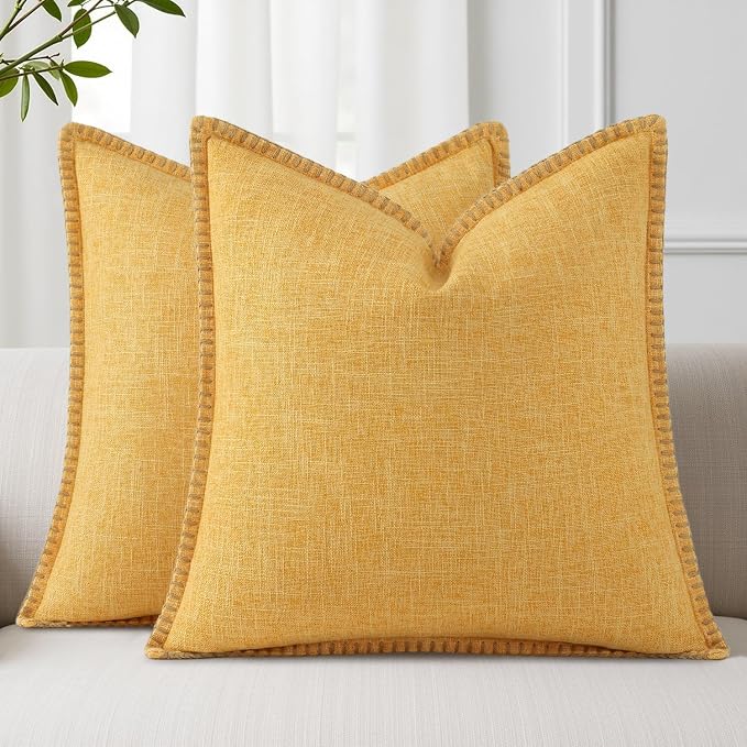 decorUhome Yellow Faux Linen Outdoor Throw Pillow Covers 18x18 Set of 2 | Fall Decorative Textured Neutral Modern Farmhouse Pillow Covers with Stitched Edge for Couch Sofa Bed Living Room