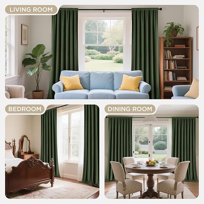 Joydeco 100% Blackout Velvet Curtains Olive Green 102 Inch Back Tab | Luxury Thermal Insulated Velvet Curtains for Bedroom Living Room, Soundproof Blackout Window Drapes