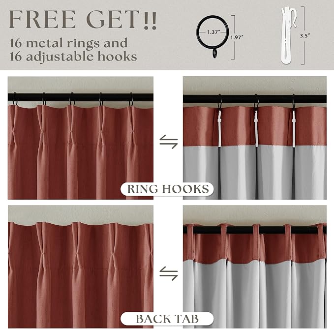TWODRAPES Terracotta Pinch Pleated 100% Blackout Linen 84 Inch Curtains | Room Darkening with Liner, Memory Shape Pleat Back Tab, Thermal Insulated, for Living Dining Room Window, W40xL84 2 Panels