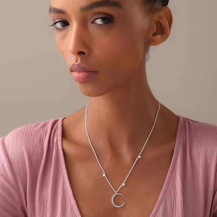 LeCalla 925 Sterling Silver Pendant Necklace | Crescent Moon and Star Necklace Jewelry | Handmade Charm Pendant Necklace for Women | Adjustable Chain Necklace Gifts for Women Valentine s Day, Mother s Day