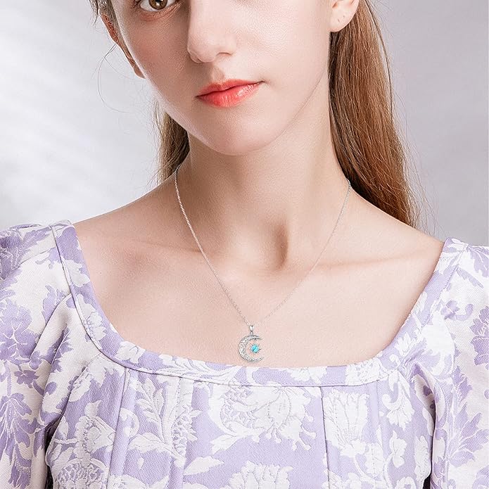 TRISHULA Moon Star Necklace, 925 Sterling Silver Crescent Moon Sun Pendant with Moonstone Crescent Jewelry Gift for Her Sister Birthday Christmas