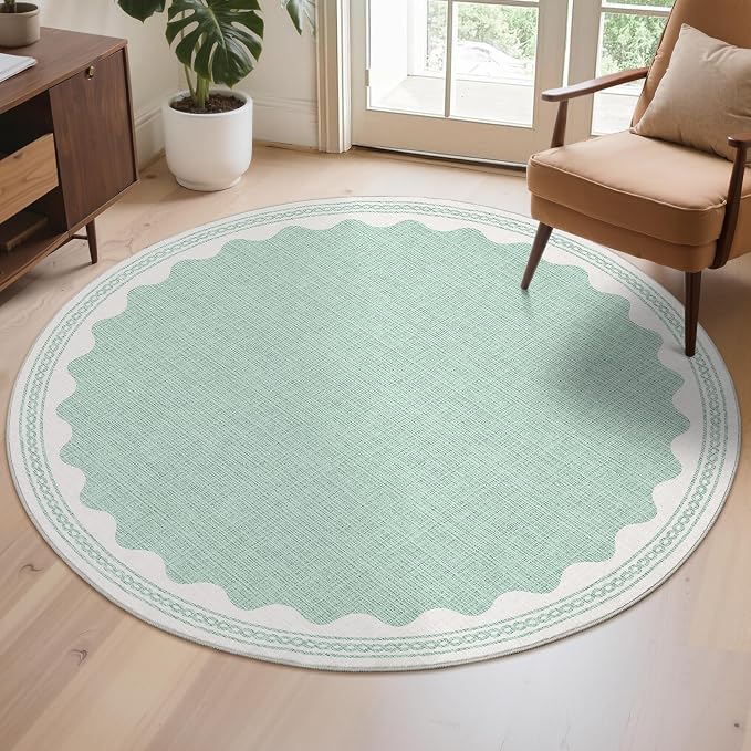 6ft Scalloped Round Rug Green Washable Living Room Bedroom Area Rug | Small Solid Rug for Bedroom Girls, Non Slip Scalloped Round Bath Mat, Soft Dorm Nursery Carpet for Bedside