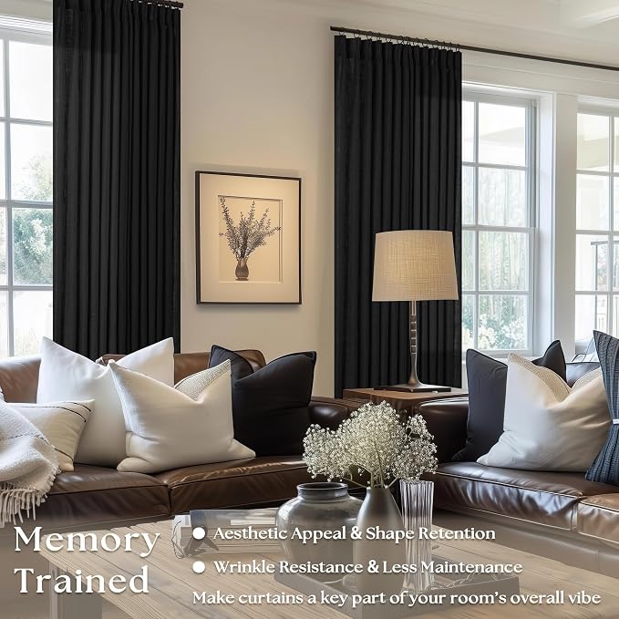 Black Pinch Pleated Linen Semi Sheer Curtains 45 Inch Length 2 Panels Set | for Kitchen Small Bay Window Basement, Pinch Pleated with Hooks Rings Back Tab, Memory Shape, Thick Linen Semi Sheer, W40xL45