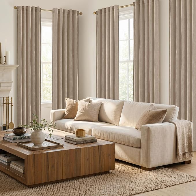 MIULEE Thick Linen Curtains, 42Wx96L, Taupe Semi Sheer Linen Textured | Light Filtering Window Privacy Drapes with Back Tab Rod Pocket for Farmhouse/Living Room/Bedroom, Set of 2