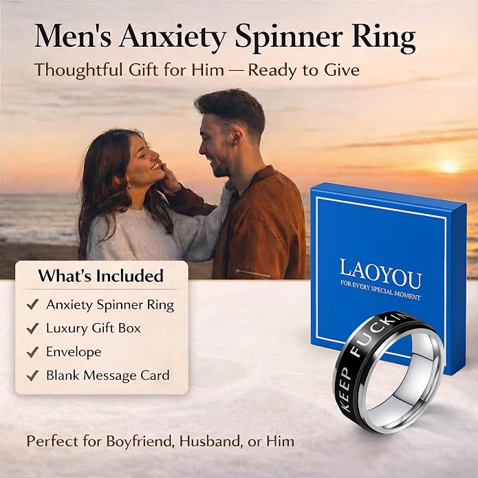 LAOYOU Fidget Anxiety Ring for Men | 8mm Spinner Band for Calming, Worry, Stress Relief & Mindfulness | Hypoallergenic Stainless Steel Comfort Fit Non Tarnish