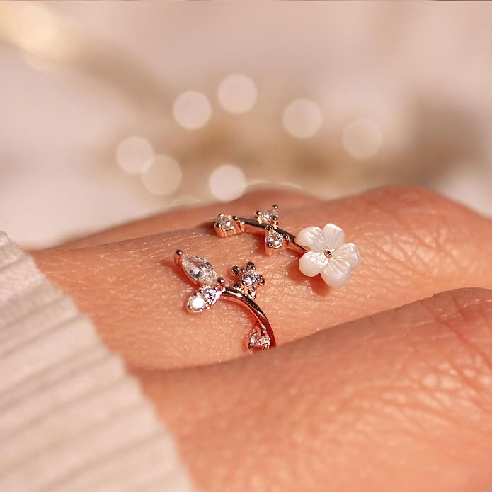 Birthstone Flower Rings For Women Non Tarnish Gemstone Cubic Zirconia Mother of Pearl Adjustable Size 7-11 Silver Rose 14K Gold Plated Birth Jewelry Gift For Birthday