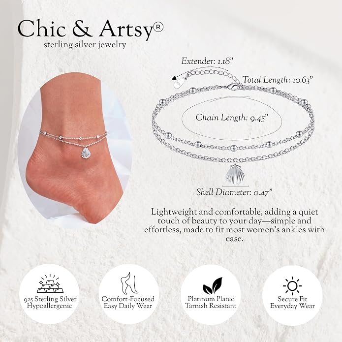 CHIC & ARTSY 925 Sterling Silver Ankle Bracelets for Women, Adjustable Layered Foot Chains with Nature & Symbol Charms, Lightweight Comfort Fit Boho Beach Everyday Jewelry