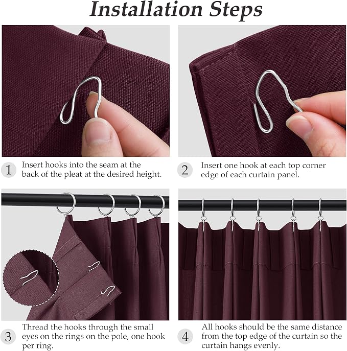 Aersas Burgundy Pinch Pleated Linen Curtains 63 Inch Length 2 Panels for Living Room Bedroom Semi Sheer Window Curtain Boho Neutral Back Tab Pinch Pleat Drape with Hooks 40x63