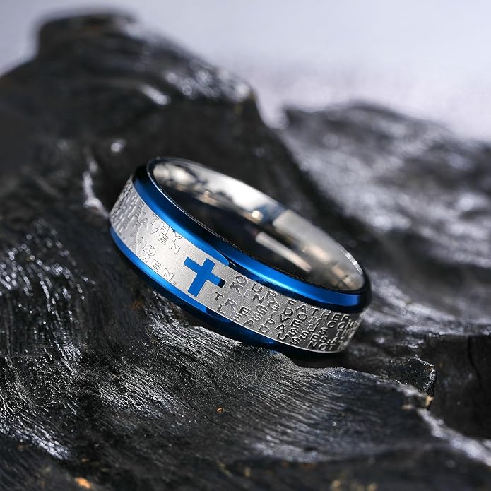 King Will Stainless Steel Men Ring Lord's Prayer Cross Ring Stainless Steel Men Wedding Ring, Wedding Band Bible Engraved Rings High Polished, Comfort Fit