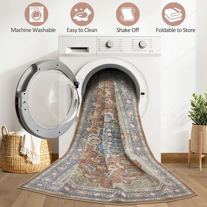 8x10 Area Rugs Living Room: Washable Boho Large Neutral Vintage Soft Rug Stain Resistant Farmhouse Non-Slip Indoor Floor Carpet for Bedroom Nursery Kids Playroom Office Dining Room- Red Multi
