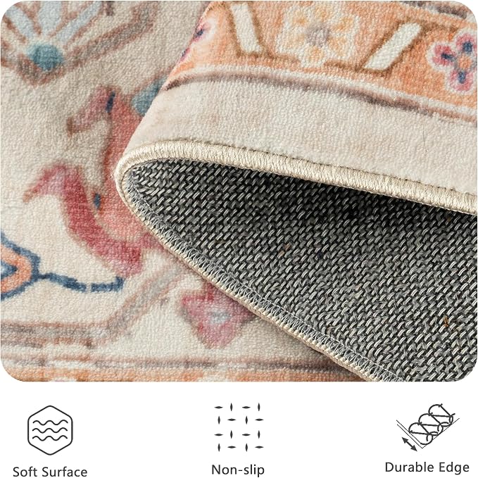 8x10 Area Rugs for Living Room - Washable Rug Vintage Distress Boho Medallion Rugs for Bedroom, Soft Non-Slip Backing Low Pile Carpet for Dining Room Office Nursery Home, Vintage Orange