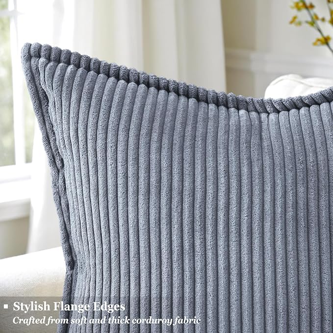 decorUhome Fall Corduroy Blue Grey Throw Pillow Covers 26x26 Set of 2 | Euro Sham Couch Decorative Soft Modern Boho Farmhouse Pillow Covers Broadside Striped Pillow Cases for Living Room Bed Sofa