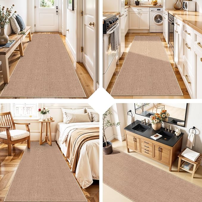 Jute 2x8 Runner Rug Hallway: Washable Faux Jute Non Slip Indoor Farmhouse | Durable Low Pile Carpet Secure Backing Narrow Floor Runners Entryway Kitchen Living Room Bedroom Textured Style (Beige,2x8)