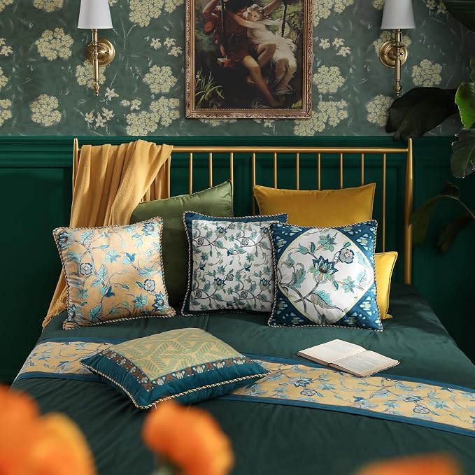 patdrea Designer French Velvet Couch Throw Pillow Cover,Set of 4,-Noah | Elegant Lumbar Pillow Case,Green Vintage Floral Design,Decorative Cushion Cover for Chair,Living Room,Bedroom