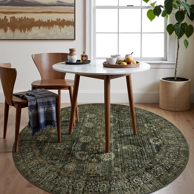 Moynesa Ultra-Thin Washable 5ft Round Rug - Teal 5x5 Circle Rugs for Living Room, Vintage Dining Room Mat Stain Resistant Nursery Carpet for Bedroom Mudroom Kitchen Apartment Home Office