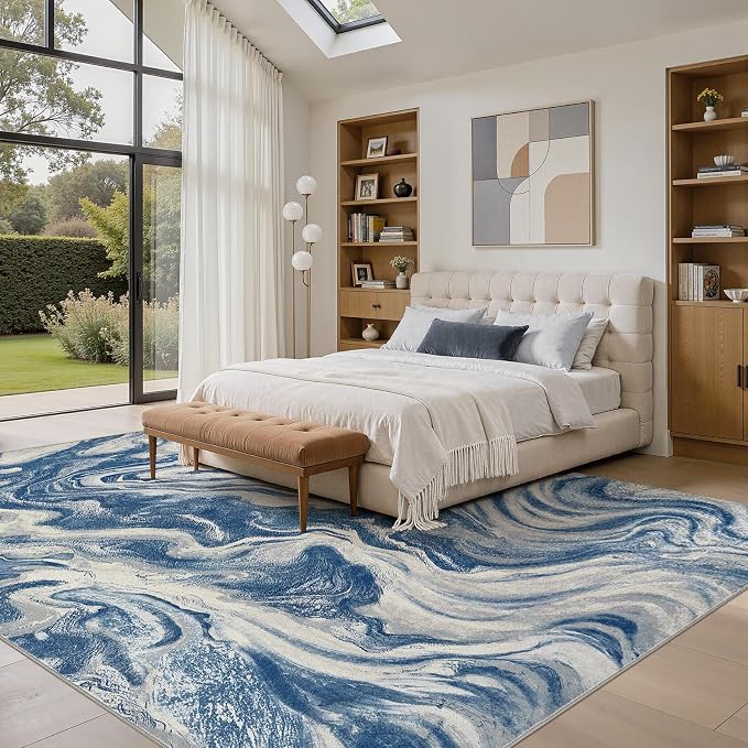 DMOYEST Living Room Area Rugs-6x9 Abstract Large Soft Indoor Washable Rug Neutral Modern Low Pile Carpet for Bedroom Dining Room Farmhouse Home Office-Navy Blue