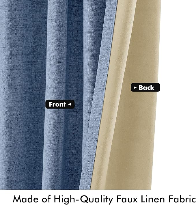 MIULEE 100% Blackout Linen Curtains for Bedroom 42 x 90 Inch Blue 2 Panels | Thermal Insulated, Room Darkening Drapes for Living Room, Back Tab Rod Pocket Pinch Pleated, Solid Luxury Decor