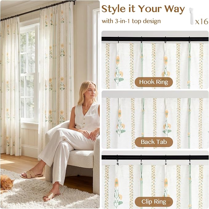 THREE GIRLS Floral Pinch Pleated Light Filtering Curtains 108 Inches - Printed Linen Blend Drapes for Living Room, Bedroom, Dining, Modern Farmhouse with Hooks, 2 Panels Set, 40" W x 108" L Yellow