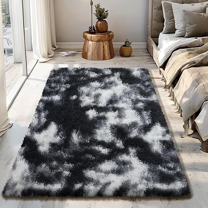 Fluffy Rug Shag Area Rug, Mottling Black 3x5 Area Rugs for Bedroom, Small Bedside Rug, Soft Fluffy Shag Entryway Throw Rugs for Living Room Bedroom Room Home Decor