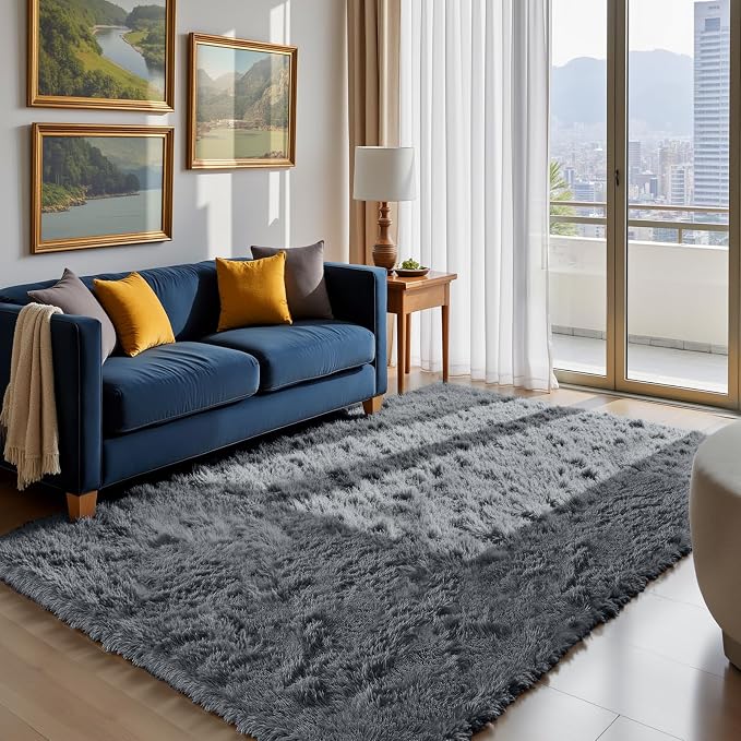 Fluffy Rug Shag Area Rug, Grey 5x8 Area Rugs for Bedroom, Small Bedside Rug, Soft Fluffy Shag Entryway Throw Rugs for Living Room Bedroom Room Home Decor
