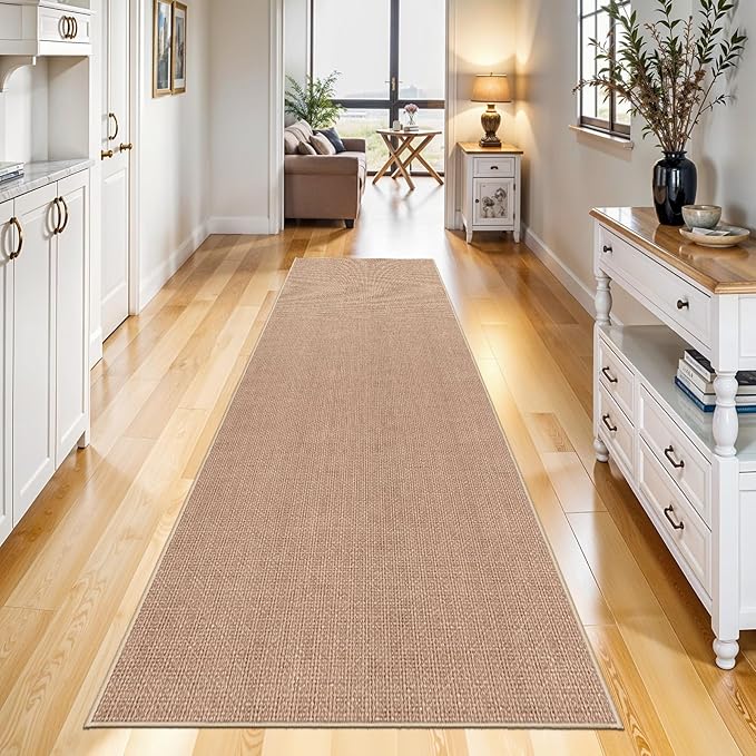 Jute 2x8 Runner Rug Hallway: Washable Faux Jute Non Slip Indoor Farmhouse | Durable Low Pile Carpet Secure Backing Narrow Floor Runners Entryway Kitchen Living Room Bedroom Textured Style (Beige,2x8)