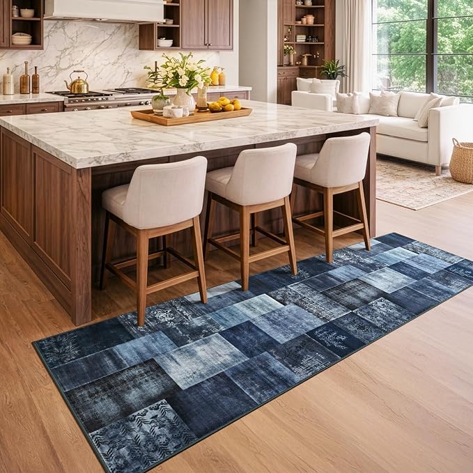 DweIke Runner Rug for for Hallways, 2'x6' Washable Kitchen Rugs with Non Slip Rubber Backing, Soft Low Pile Non-Shedding Geometric Carpet for Laundry Bedroom Bathroom, Navy Blue