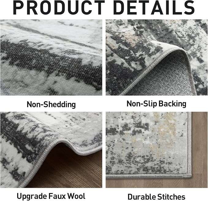 8x10 Area Rugs Washable Rug: Large Modern Abstract Living Room Rug Soft Anti-Skid Thin Carpet Indoor Floor Non-Shedding Carpets for Bedroom Dining Farmhouse Nursery Home Office Black Grey Gold