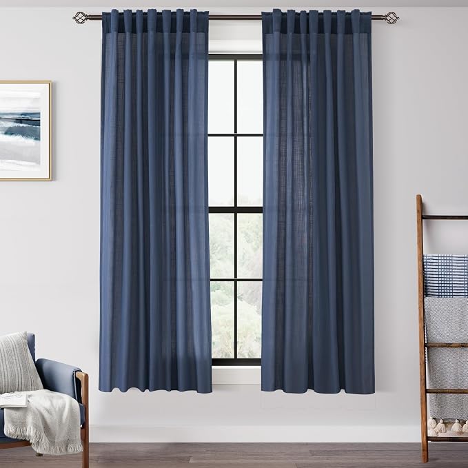 Navy Blue Curtains 63 Inch Length for Bedroom Back Tab Light Filtering Semi Sheer Living Room Curtains Linen Cotton Textured Indigo Drapery Panel Modern Farmhouse Aesthetic Decor
