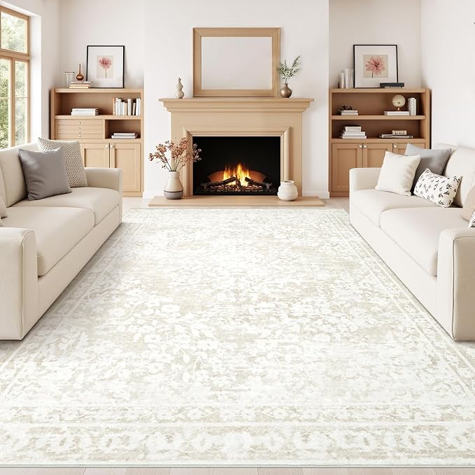 Vintage Living Room Area Rug - 10x14 Large Machine Washable Boho Area Rug Distressed Floral Rugs for Bedroom, Soft Non-Slip Indoor Floor Accent Rugs for Office Dining Room (Cream Beige, 10'x14')